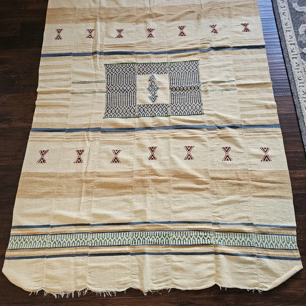 Vtg Handmade Rug 48x63 Blanket Homespun Tribal Native Woven Fringe Wall Hanging